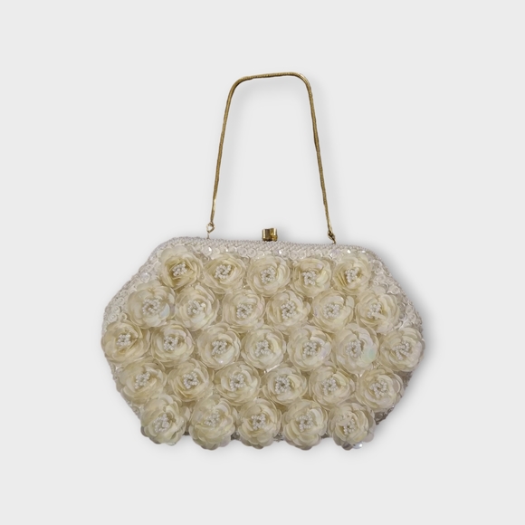 Vintage Ivory Sequined and Beaded Clutch Purse - Picture 2 of 3